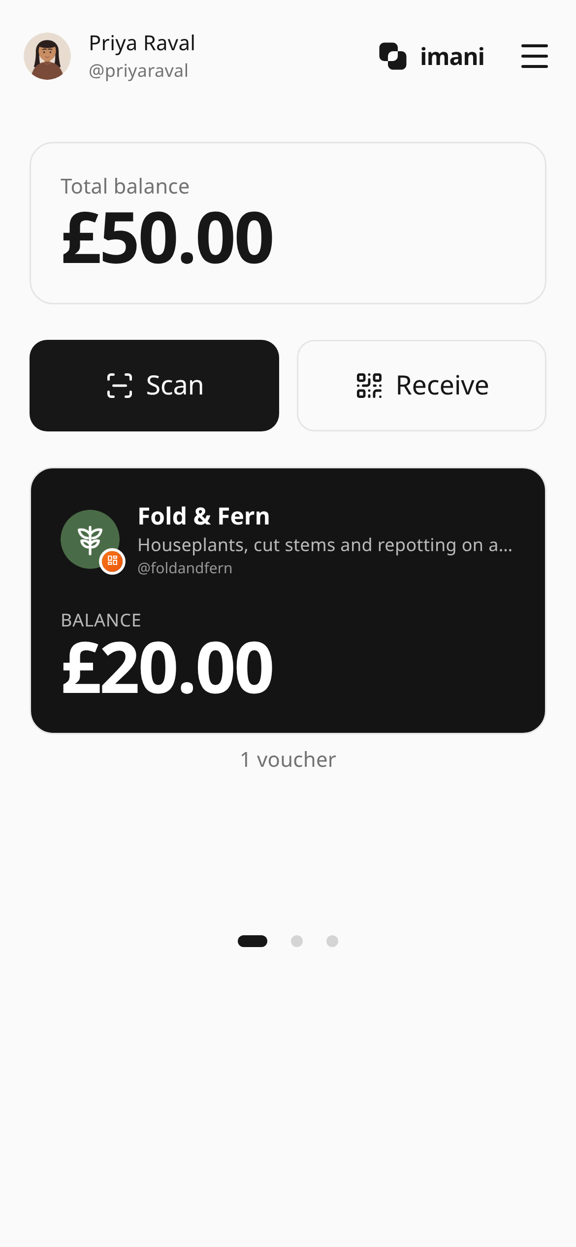 A customer's Imani wallet holding a £20 voucher from Fold & Fern.