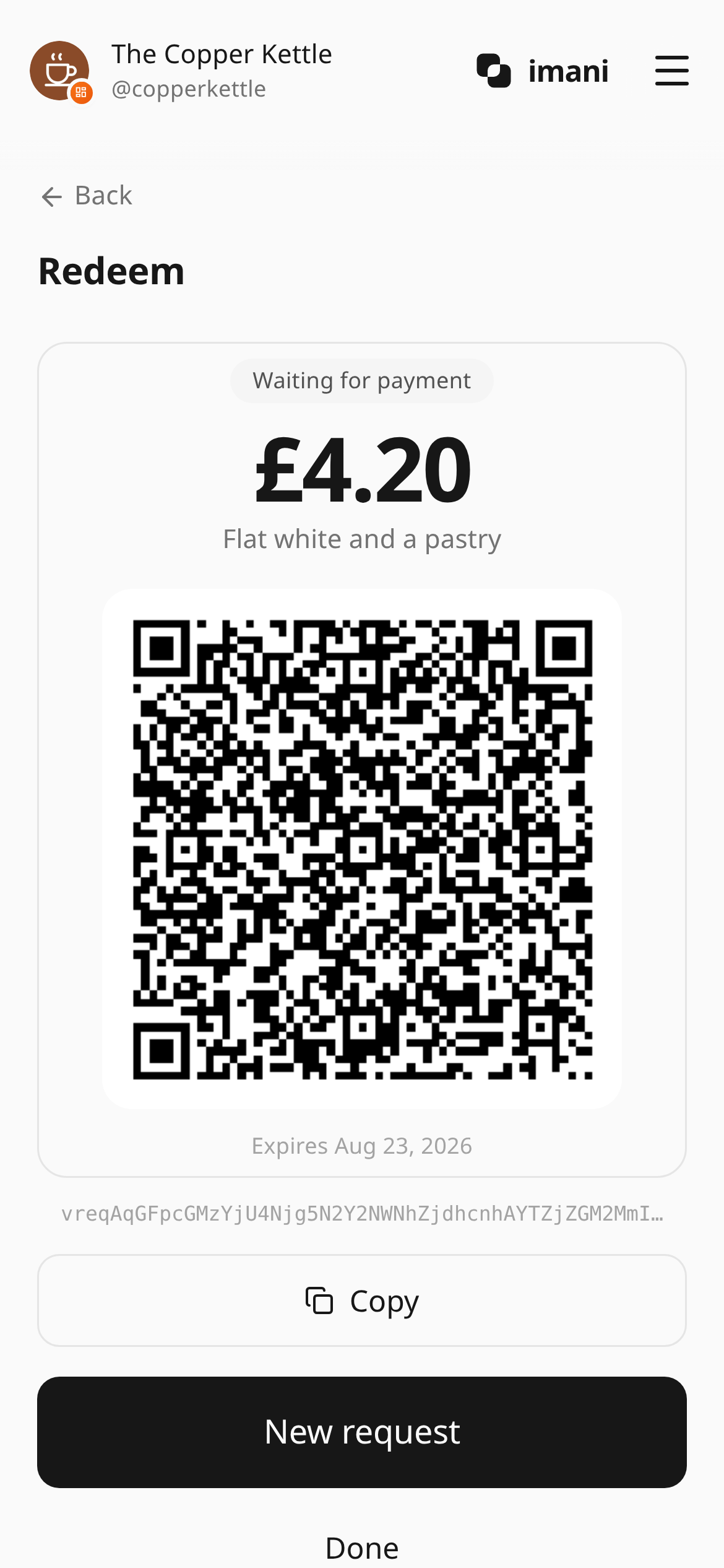 A café showing a £4.20 payment code for the customer to scan.